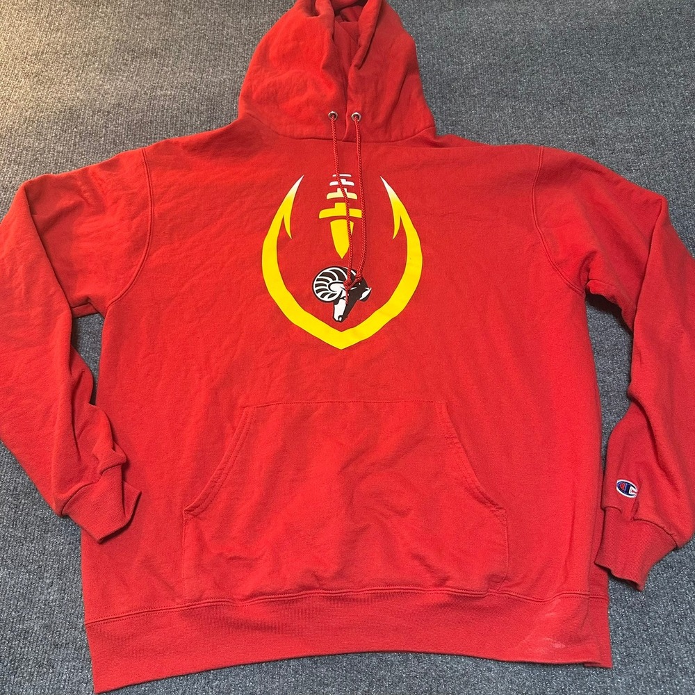 Champion Authentic Eco Mens Hoodie Red Graphic Ram Logo Sweatshirt Size Large